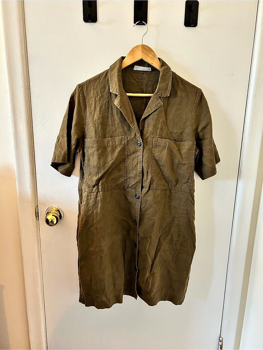 Everlane The Linen Notch Dress Linen Mini Shirt Dress in Brown Small